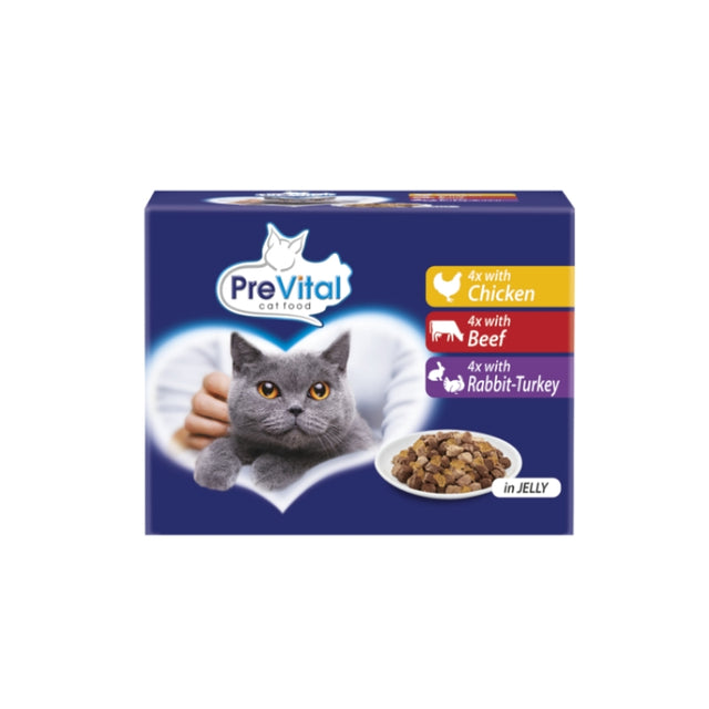 PreVital vlažna hrana za mace 1+ godina 12x100g – multipack (piletina, govedina, zec i ćuretina) u želeu - PreVital