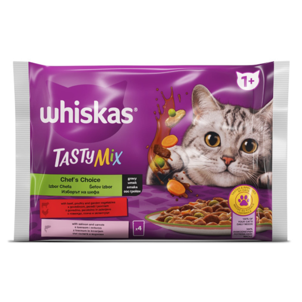 WHISKAS TastyMix Multipack – izbor kuvara u sosu (govedina, živina i povrće, 4×85g) - Džambo