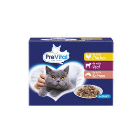 PreVital vlažna hrana za mace 1+ godina 12x100g – multipack (piletina, teletina i losos) u sosu - PreVital