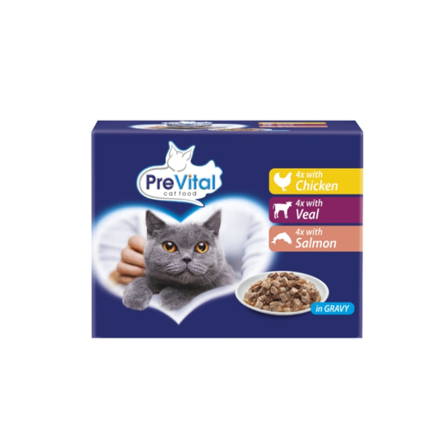 PreVital vlažna hrana za mace 1+ godina 12x100g – multipack (piletina, teletina i losos) u sosu - PreVital