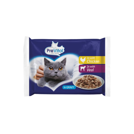 PreVital vlažna hrana za mace 1+ godina 4x100g – multipack (piletina i teletina) u sosu - PreVital