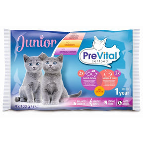 PreVital Junior vlažna hrana za mačiće do 1 godine 4x100g – multipack (jagnjetina i ćuretina, losos i pastrmka) u sosu - PreVital